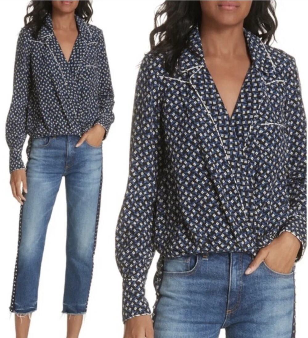 Veronica Beard 100% Silk Worth Western Floral Print Pearl Snap Top Blue Size 0
